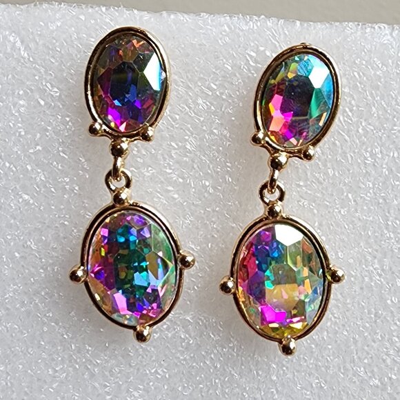 NWOT Etsy Iridescent Crystal Beaded Gold Tone Pierced Drop Dangle Earrings - Picture 3 of 15